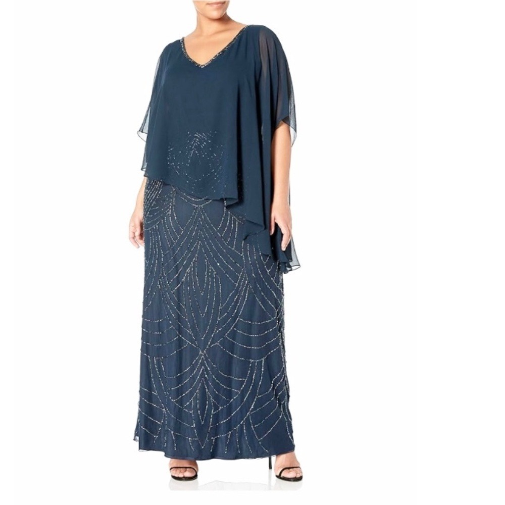 JKara Beaded Chiffon Popover Gown Women 20W‎ Gray Silver